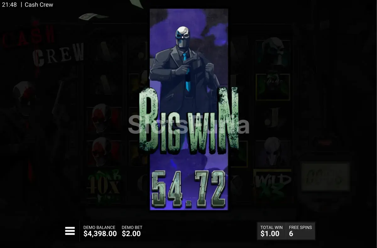 Pantalla de gran victoria en Cash Crew con multiplicadores elevados