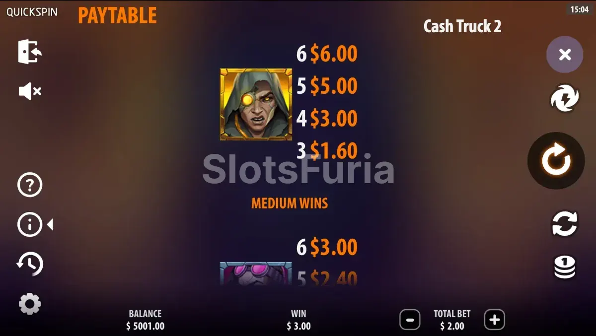 Tabla de pagos de Cash Truck 2 con todos los símbolos y sus valores