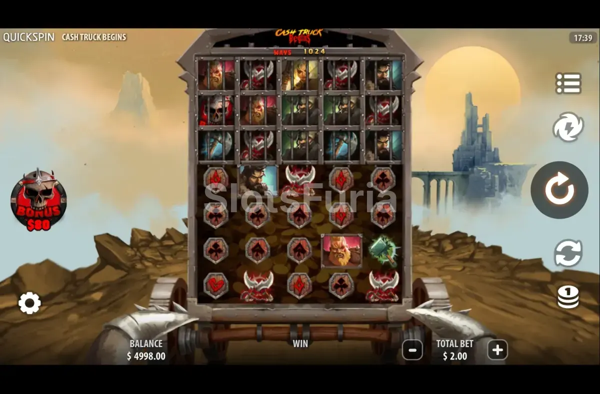 Pantalla principal del juego base de Cash Truck Begins con sus 5 rodillos y 7 líneas