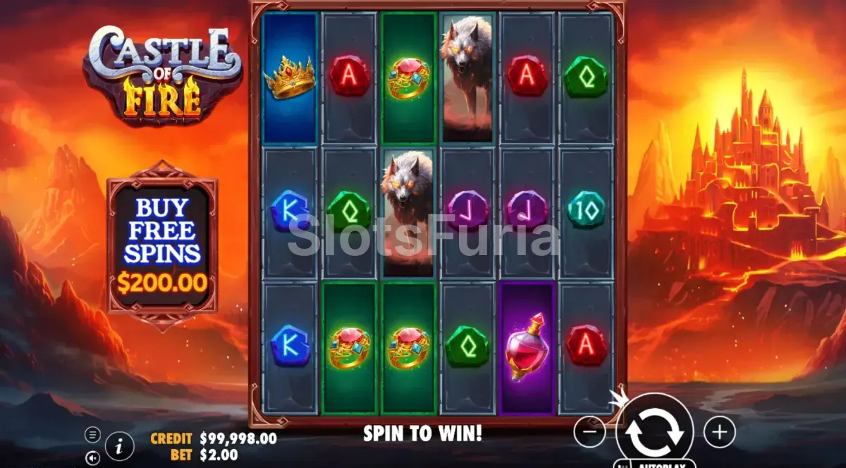 Pantalla principal del juego Castle of Fire con el fondo ardiente