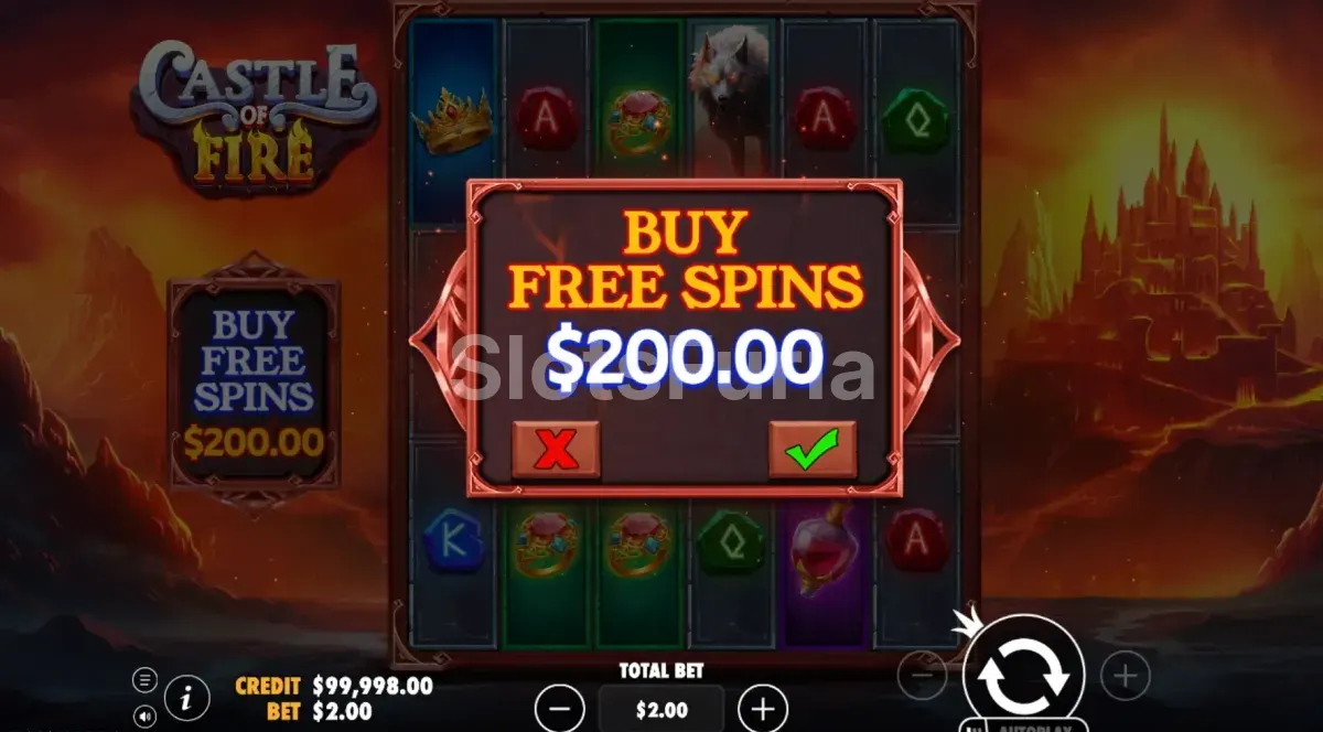 Pantalla de compra de bonus en Castle of Fire de Pragmatic Play