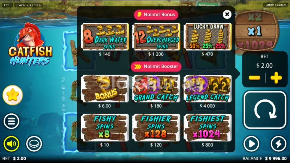 Menú de compra de bono disponible en Catfish Hunters
