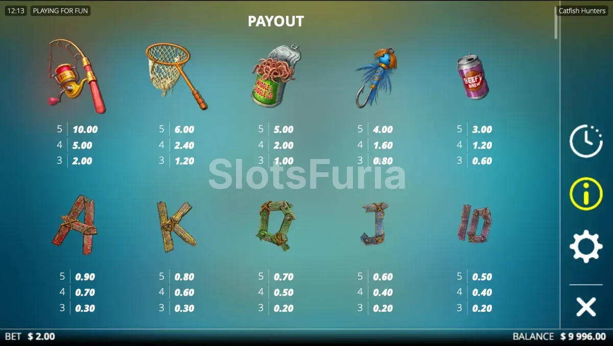Tabla de pagos completa de Catfish Hunters con todos los símbolos