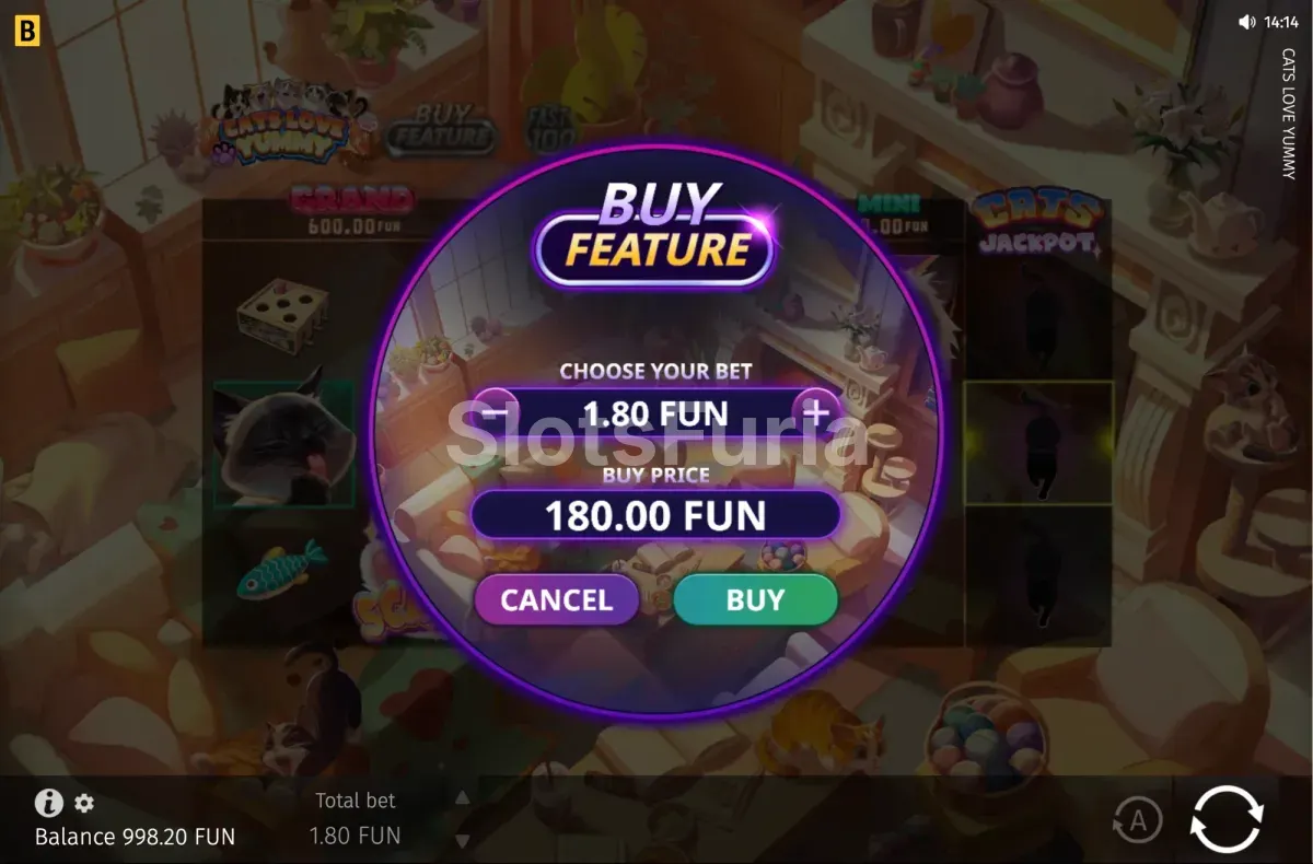 Pantalla de compra de bonus en Cats Love Yummy