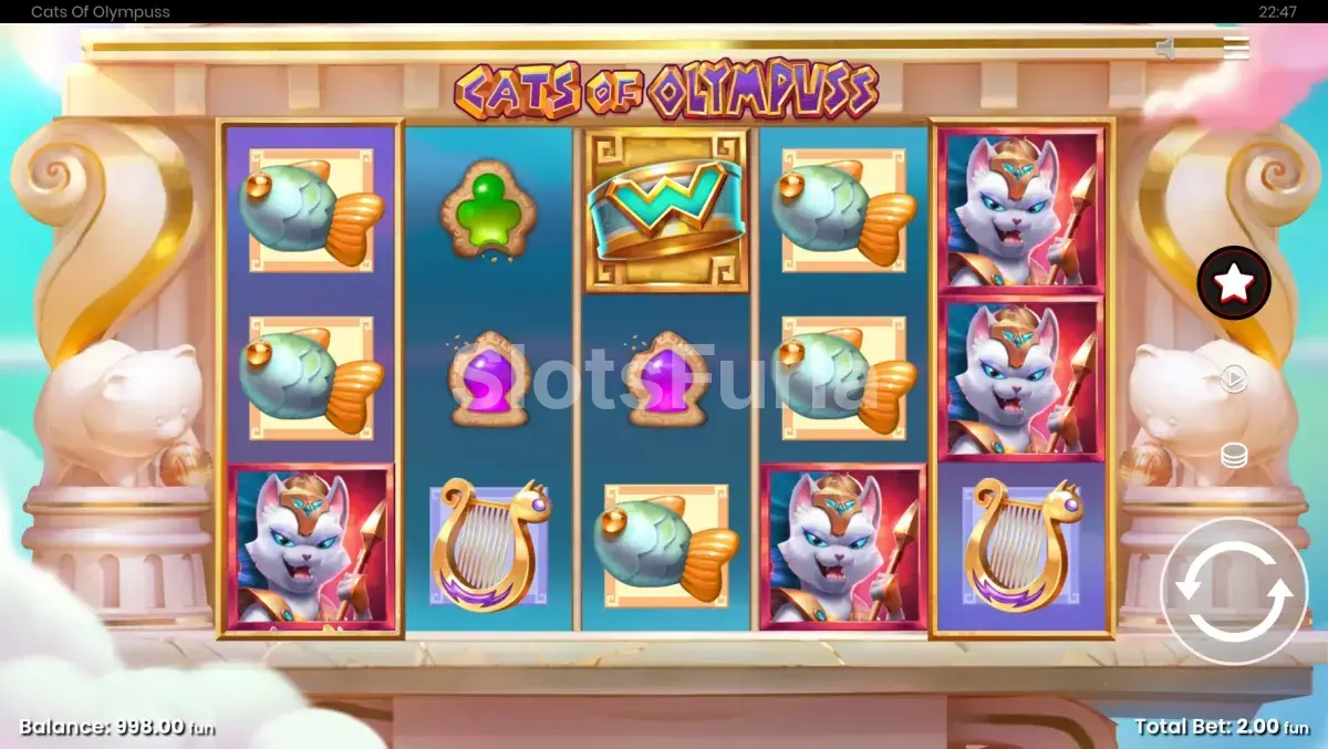 Pantalla principal de Cats of Olympuss con el tablero de juego en Catcropolis