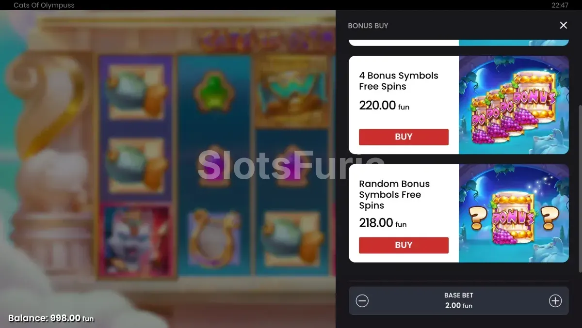 Menú de compra de Cats of Olympuss, tragamonedas de Push Gaming