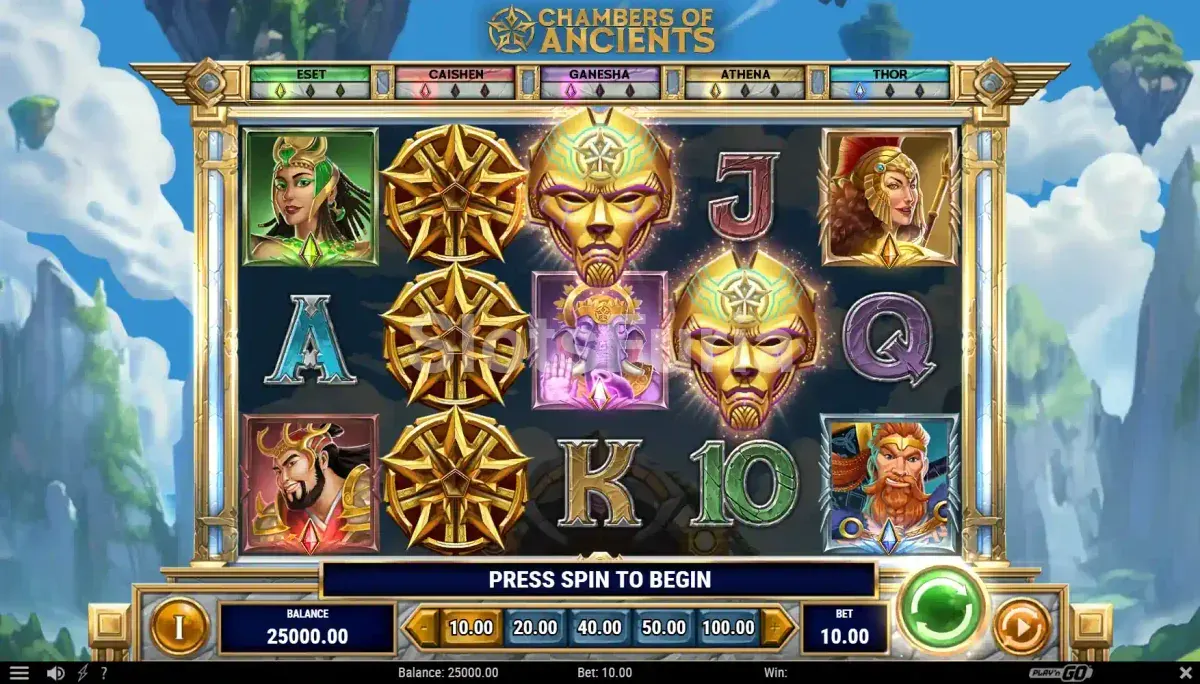 Pantalla principal de Chambers of Ancients con los cinco dioses en los rodillos