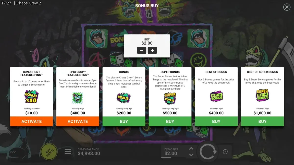 Pantalla de compra de bonus en Chaos Crew 2