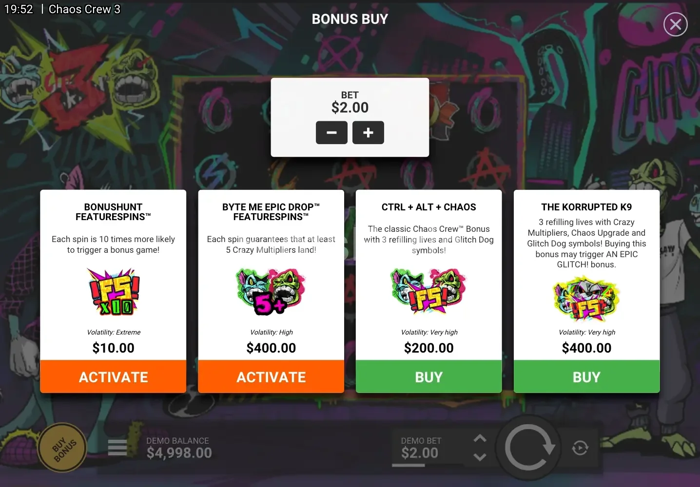 Pantalla de compra de bono en Chaos Crew 3