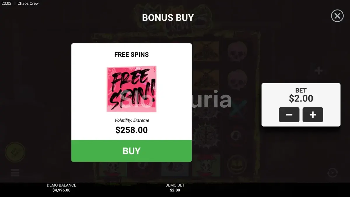 Función de compra de bonus en Chaos Crew