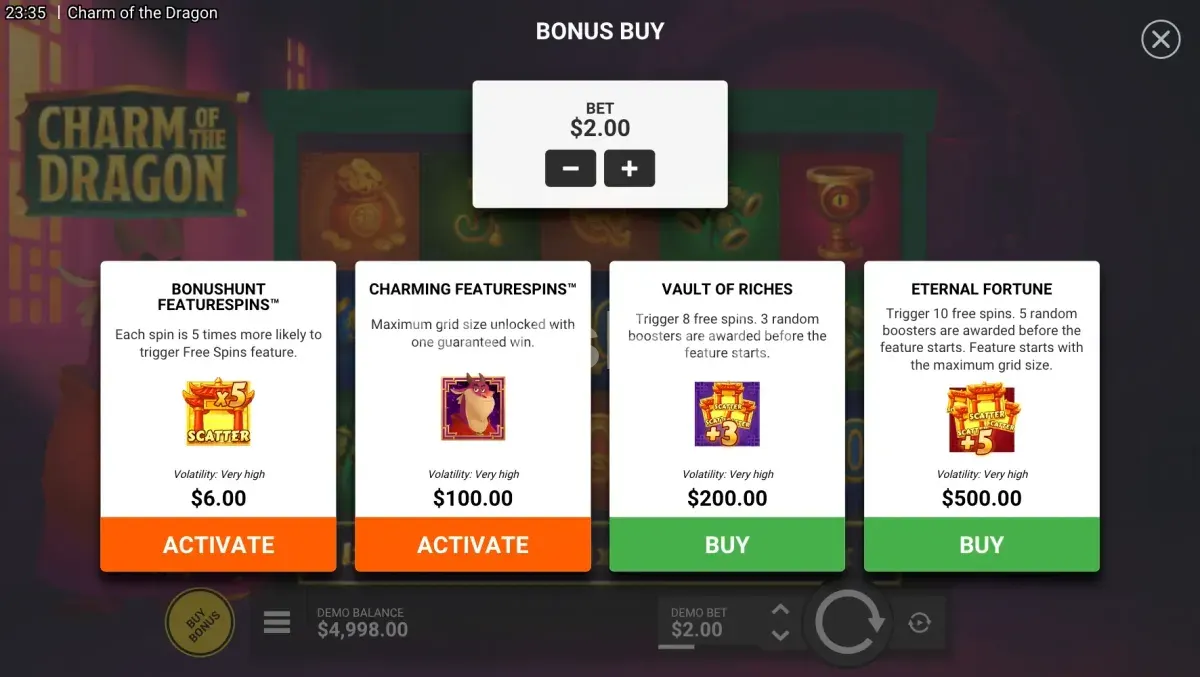 Pantalla de compra de bonus en Charm of the Dragon