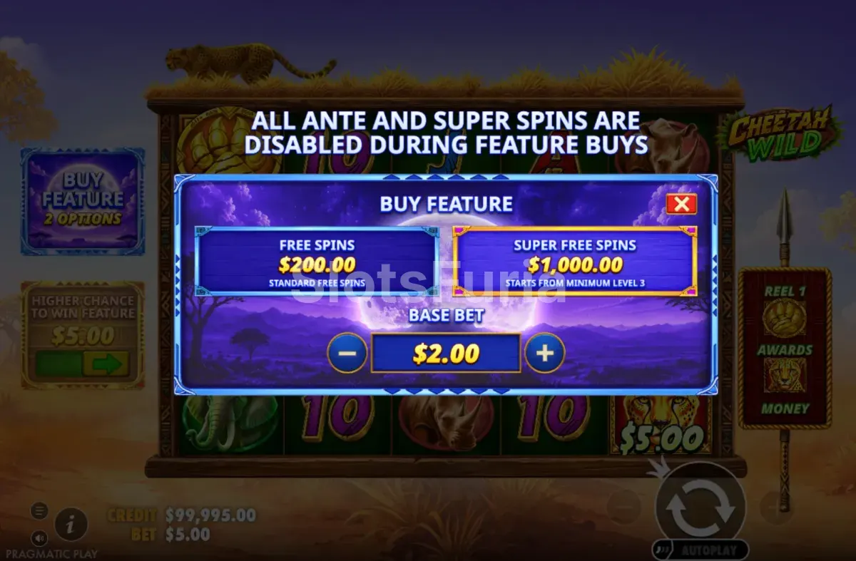 Menú de compra de bonos de Cheetah Wild con las dos opciones disponibles