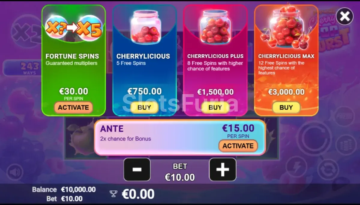 Pantalla de compra de bonos en CherryPop Burst
