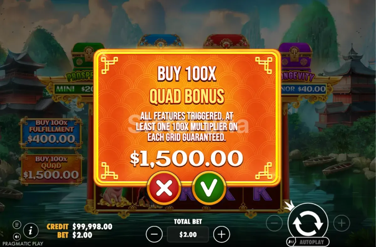 Pantalla de compra de bonus de Chests Of Cai Shen, Infinity