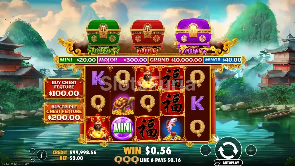Pantalla principal del juego Chests of Cai Shen con la cuadrícula de rodillos