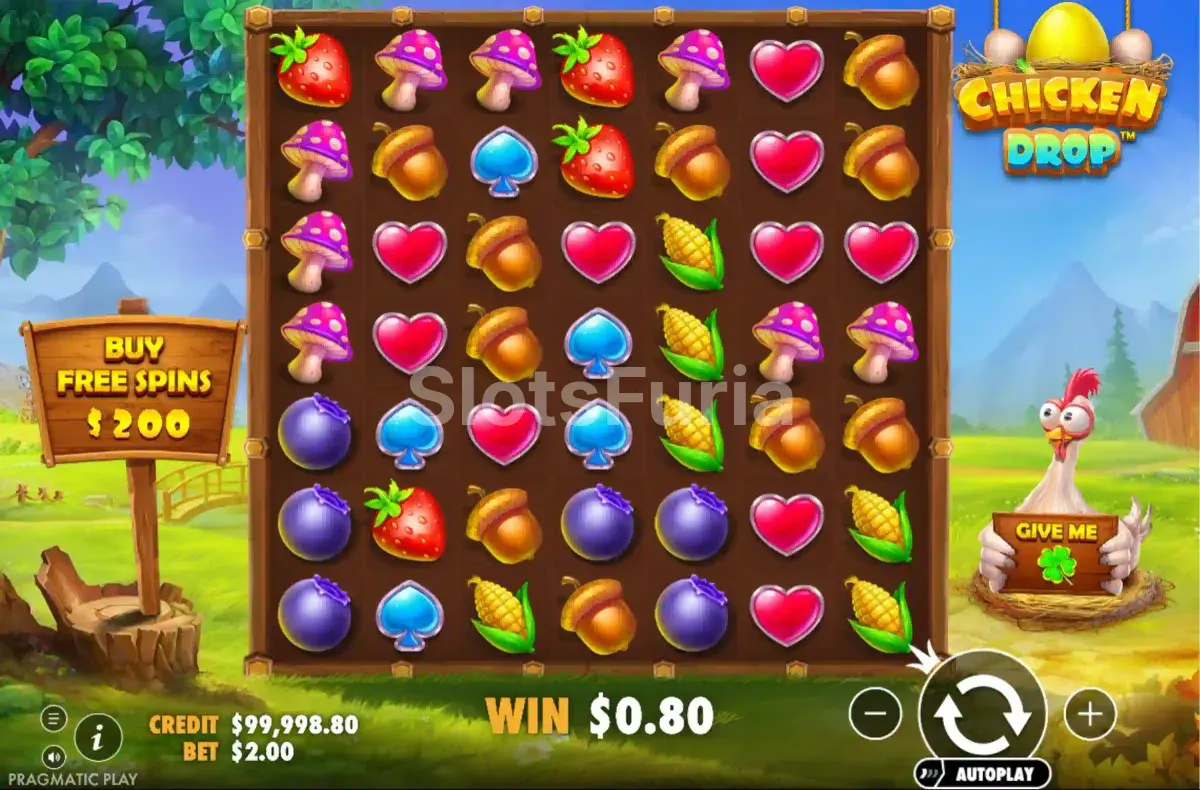 Juego base de Chicken Drop con su tablero 7x7 lleno de símbolos coloridos