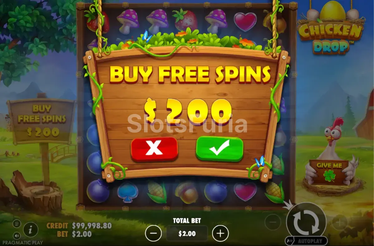 Pantalla de compra de bonus en Chicken Drop con las opciones disponibles