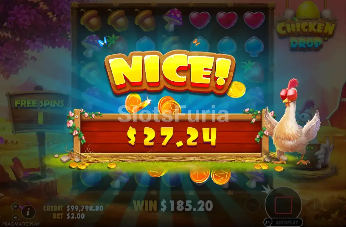 Gran victoria en Chicken Drop con multiplicador activo y tabla de premios