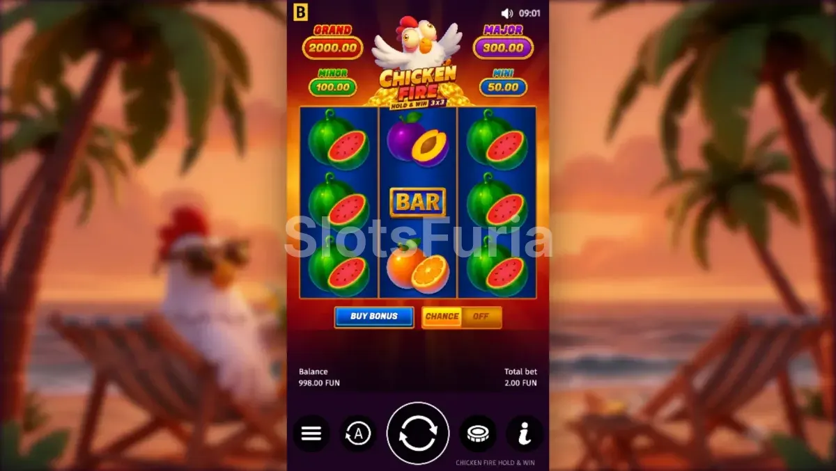 Juego base de Chicken Fire con sus tres carretes y simbologías únicas