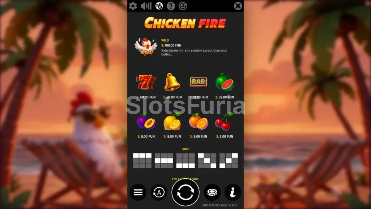 Tabla de pagos de Chicken Fire con todos los símbolos y multiplicadores