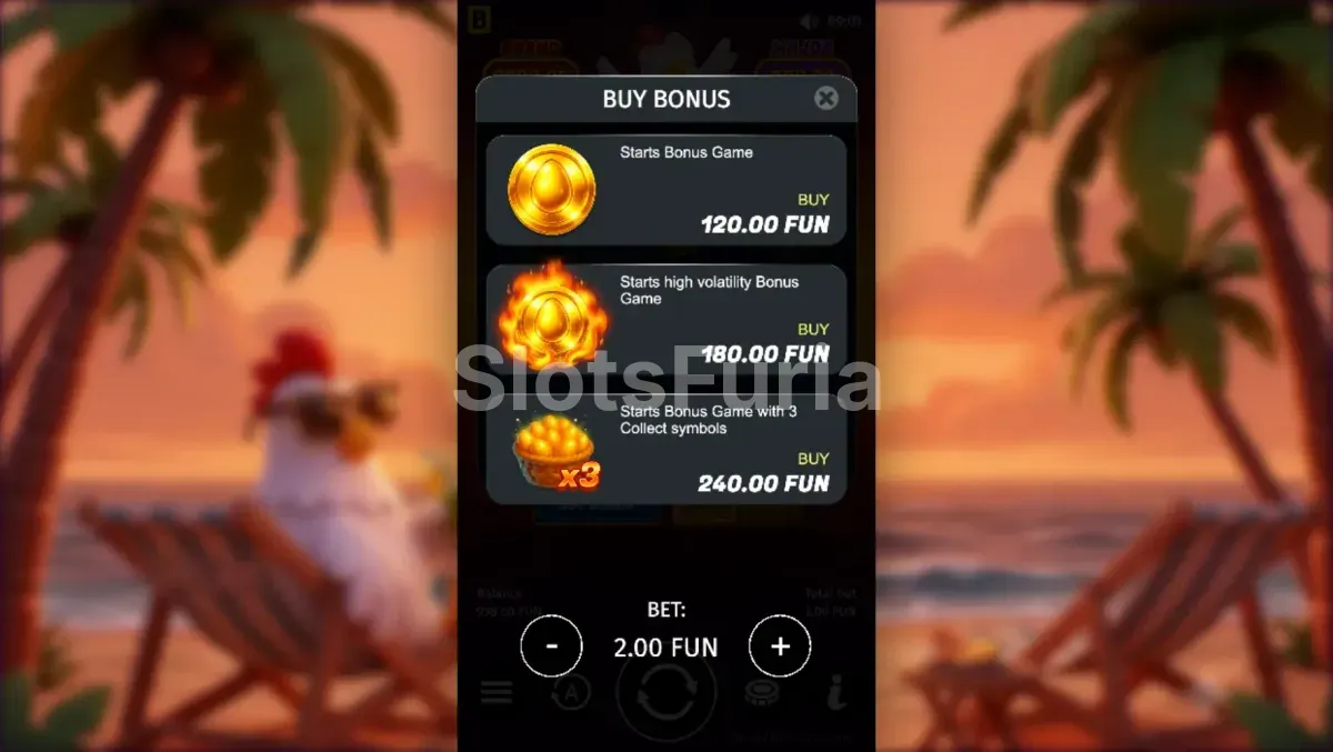 Pantalla de compra de bonus en Chicken Fire con sus distintas opciones de activación