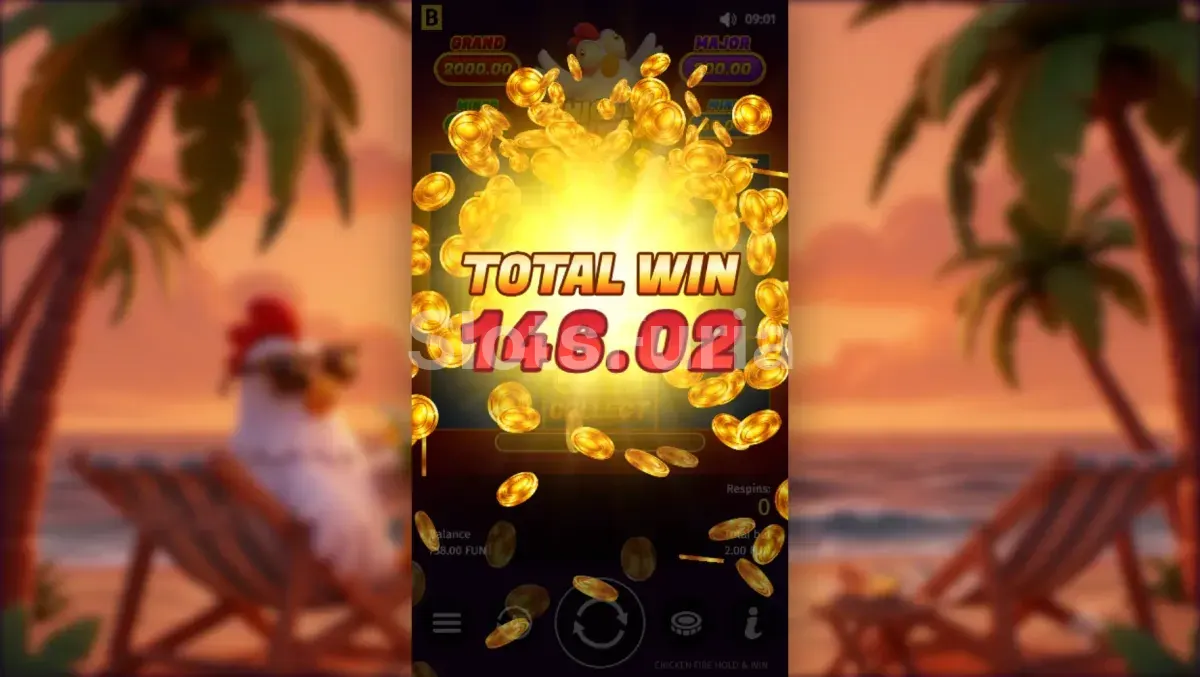 Pantalla de gran victoria en Chicken Fire con el multiplicador máximo activado