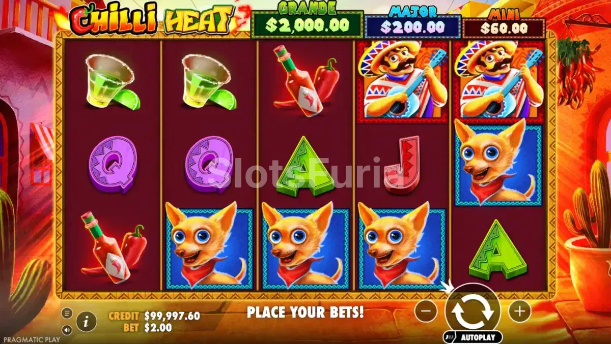 Segunda vista del juego base de Chilli Heat con símbolos en acción