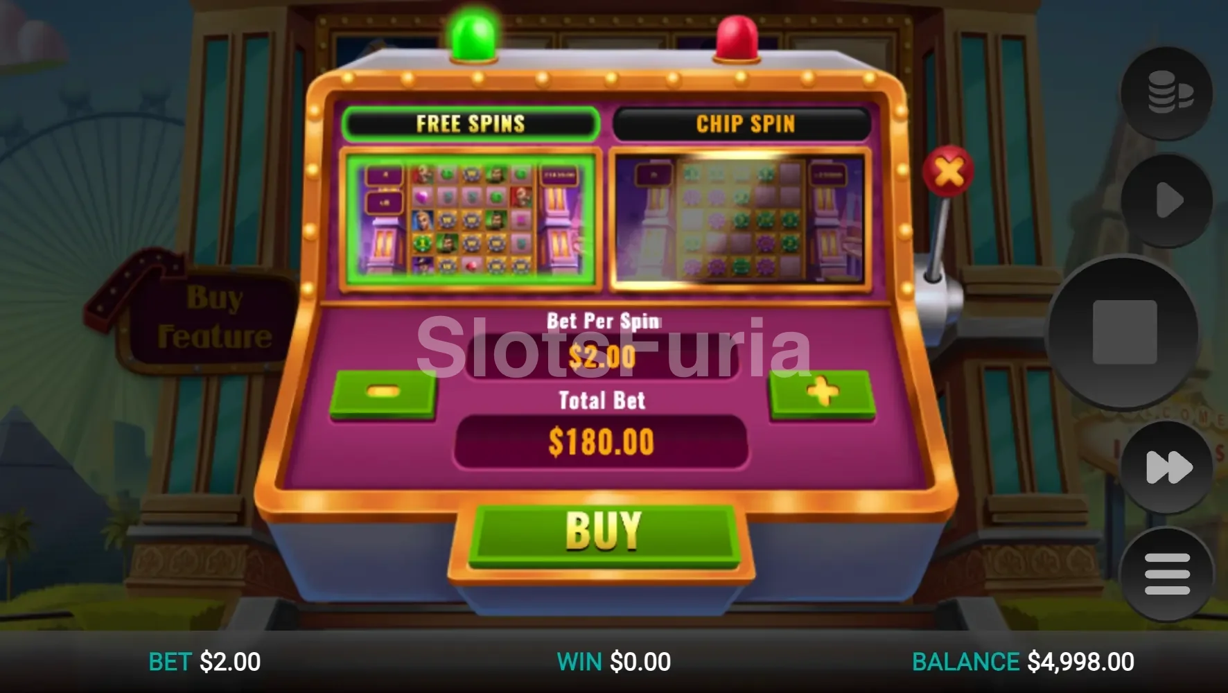 Menú de compra de bonos de la slot Chip Spin de Relax Gaming
