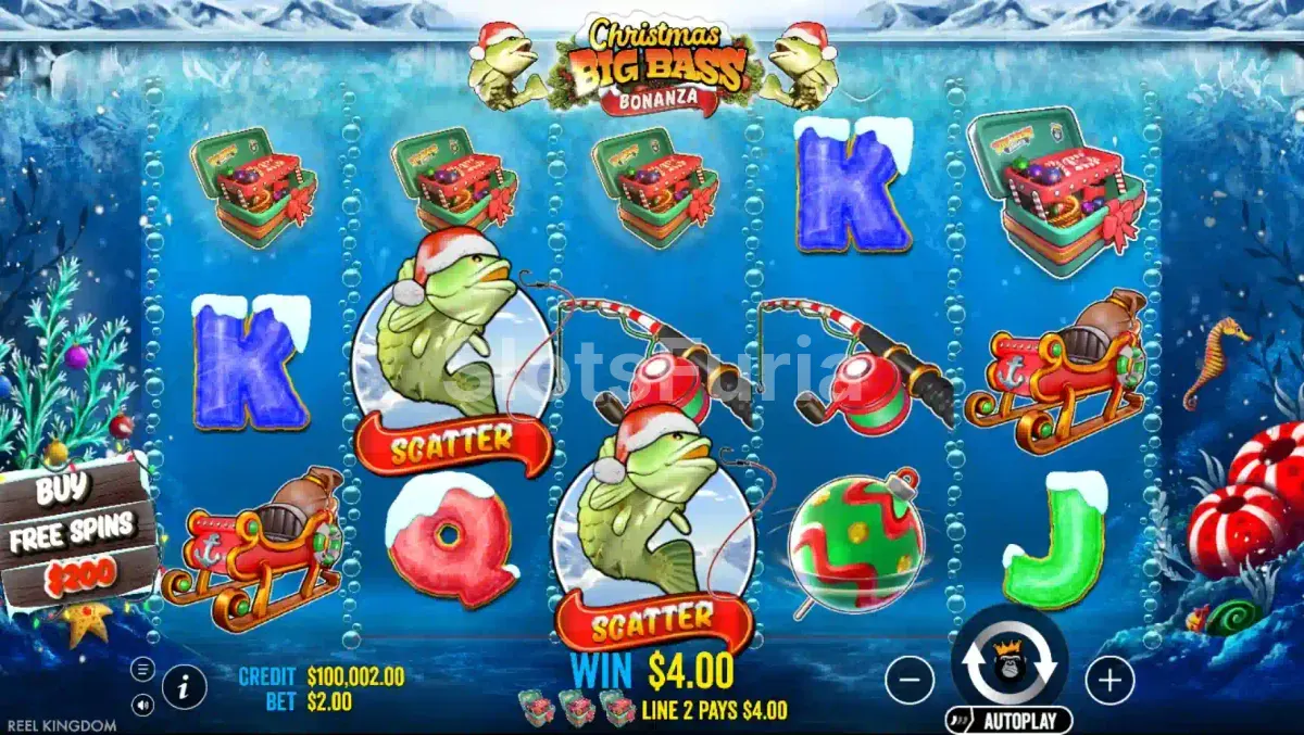 Pantalla principal del juego Christmas Big Bass Bonanza con decoración navideña