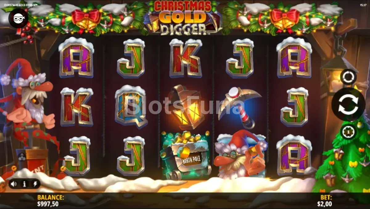 Pantalla principal de Christmas Gold Digger con el tablero de juego completo