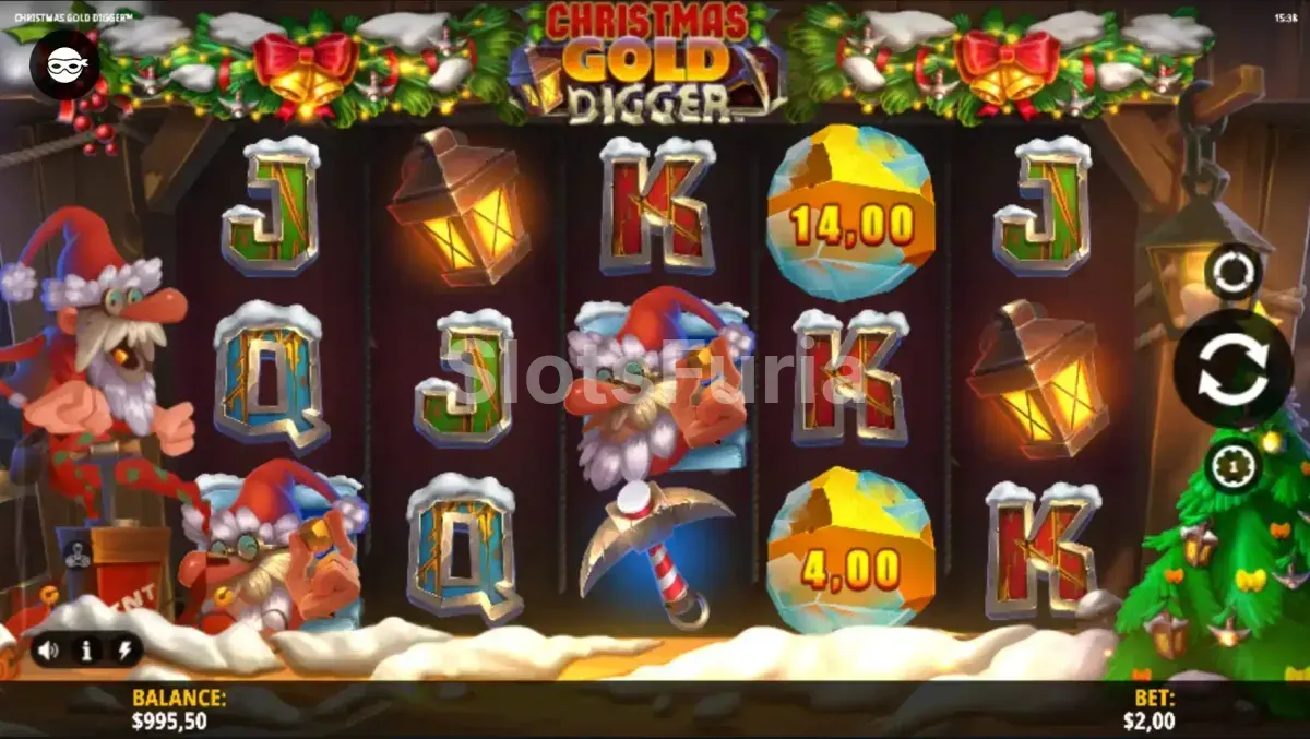 Segunda vista del juego base de Christmas Gold Digger mostrando los símbolos especiales