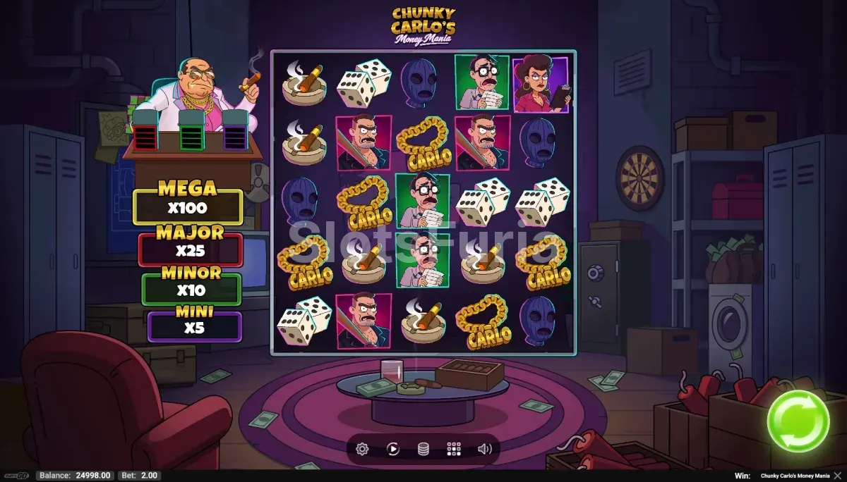 Juego base de Chunky Carlos Money Mania con la cuadrícula 5x5 en el sótano