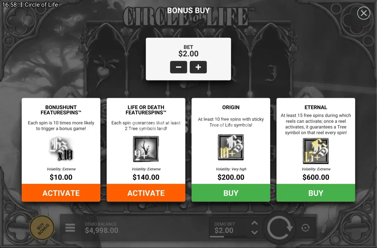 Menú de compra de bonus de Circle of Life con las opciones disponibles