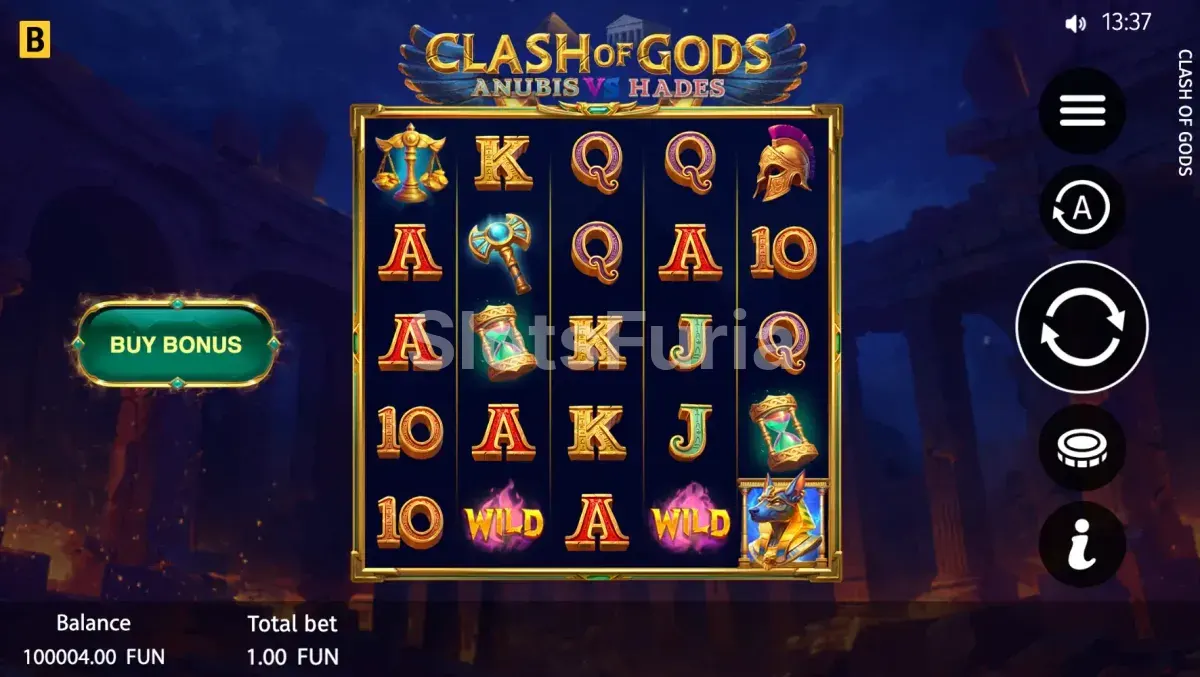 Pantalla principal de Clash of Gods Anubis vs Hades con los rodillos en acción
