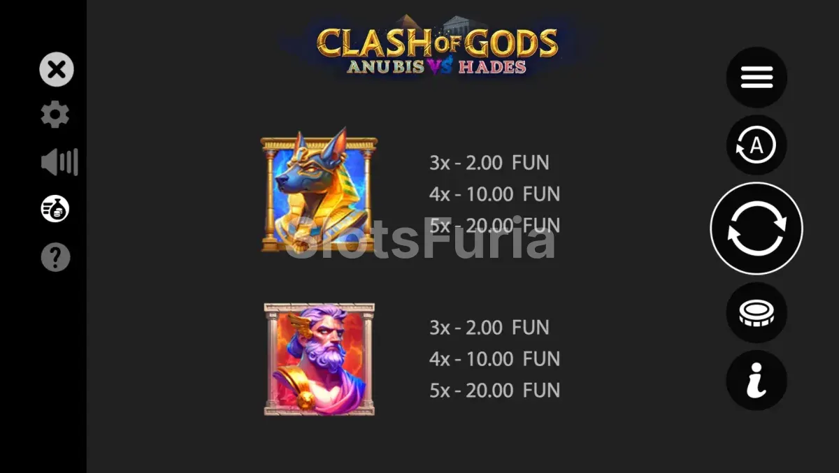 Tabla de pagos de Clash of Gods Anubis vs Hades con símbolos y multiplicadores