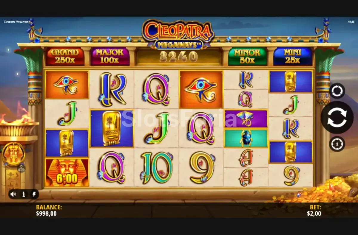 Pantalla principal de Cleopatra Megaways con los rodillos activos