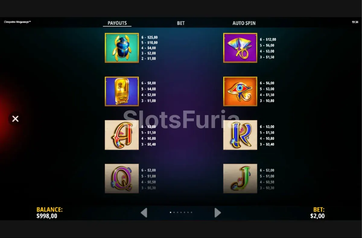 Tabla de pagos de Cleopatra Megaways con los símbolos premium