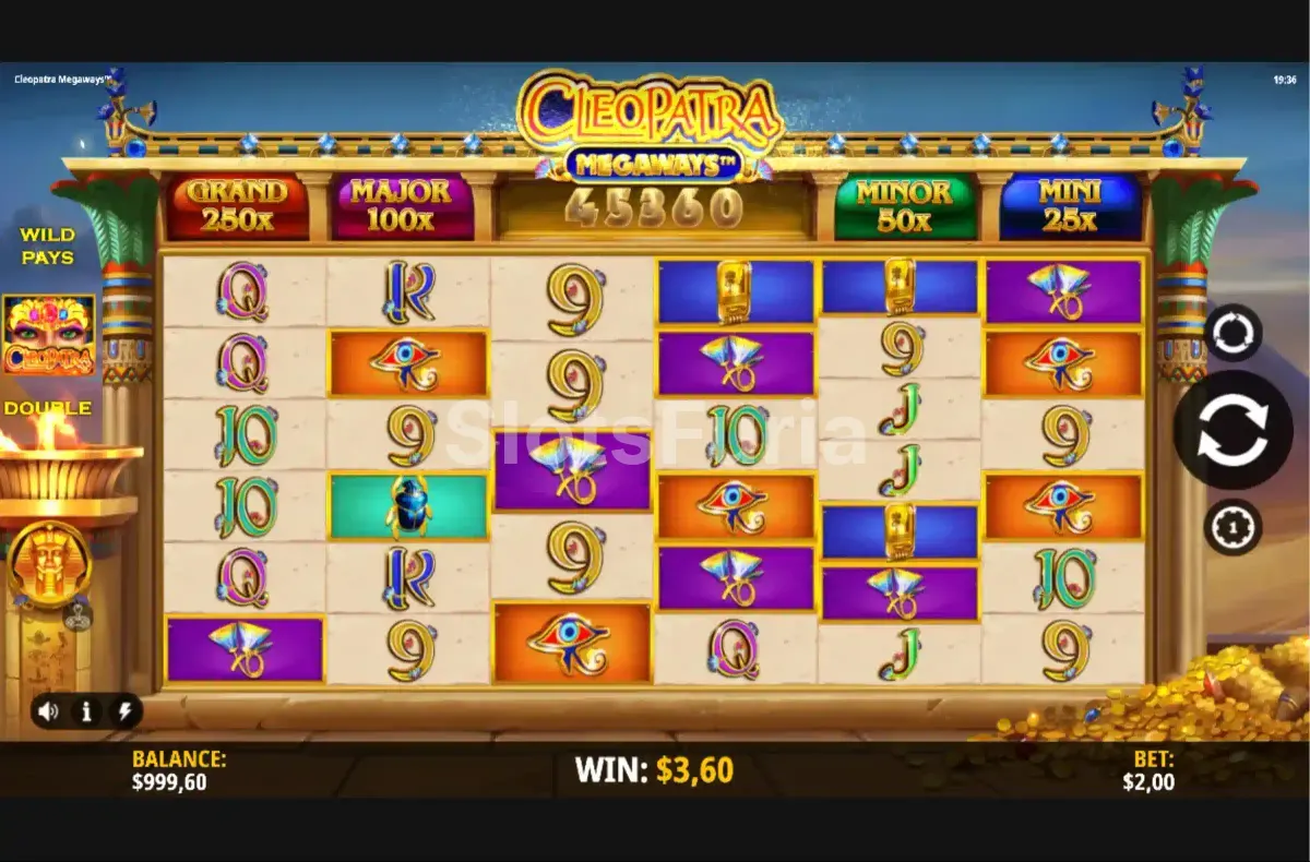 Segunda vista del juego base de Cleopatra Megaways mostrando combinaciones ganadoras