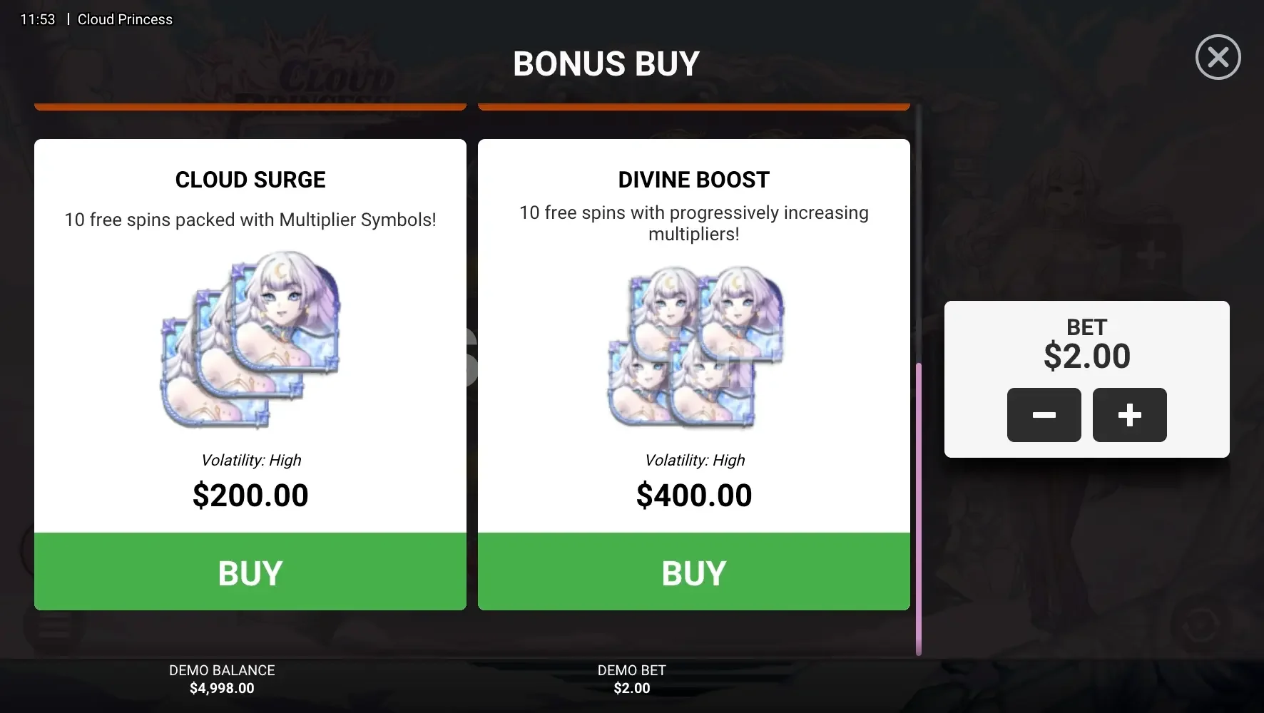 Menú de compra de bonus de Cloud Princess con las cuatro opciones disponibles