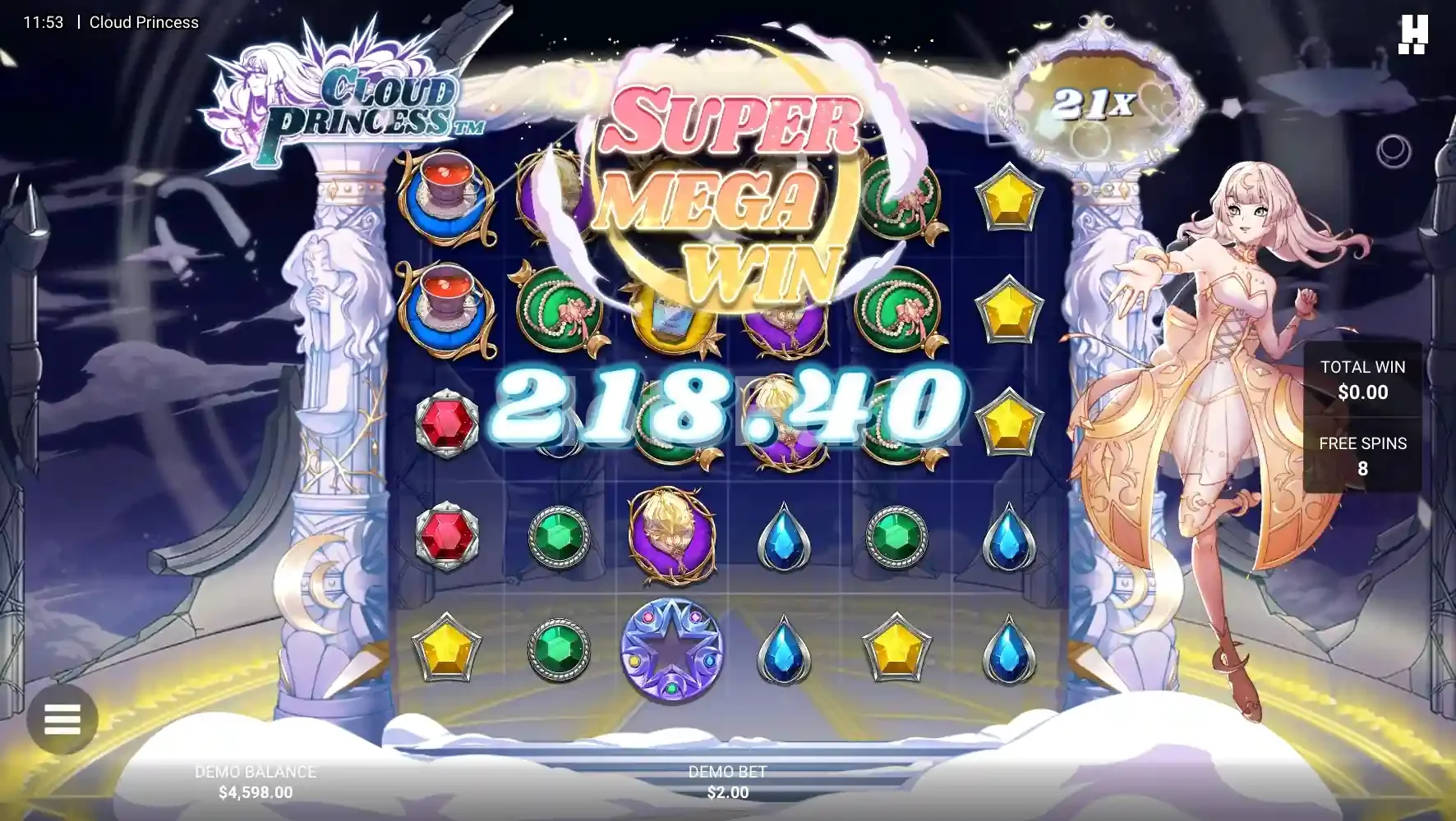 Gran victoria en Cloud Princess con multiplicadores máximos activados