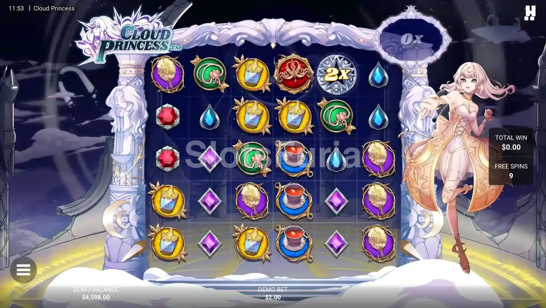 Ronda de giros gratuitos de Cloud Princess con el multiplicador activo