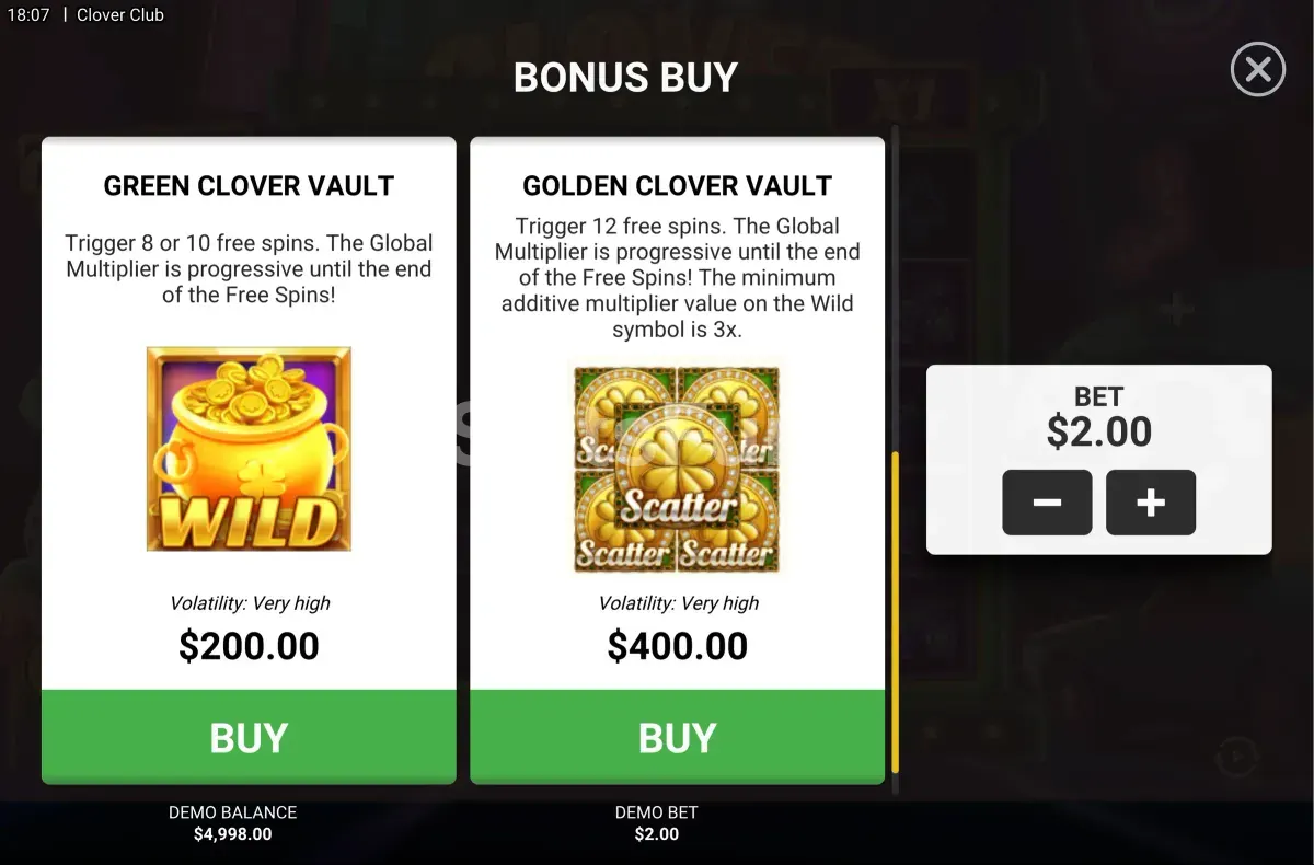 Pantalla de compra de bonus de Clover Club con las opciones disponibles