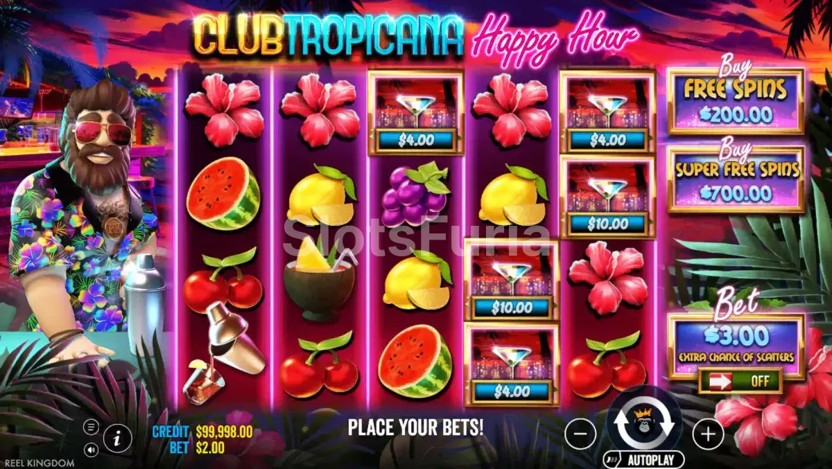 Juego base de Club Tropicana Happy Hour con la barra tropical al atardecer