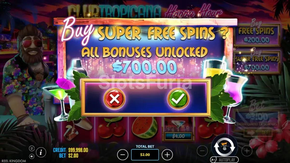 Menú de compra de bono de Club Tropicana Happy Hour con dos opciones