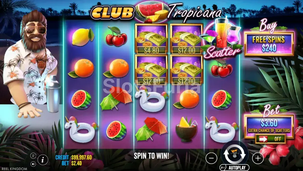 Juego base de Club Tropicana con la grilla de 5 rodillos y 4 filas
