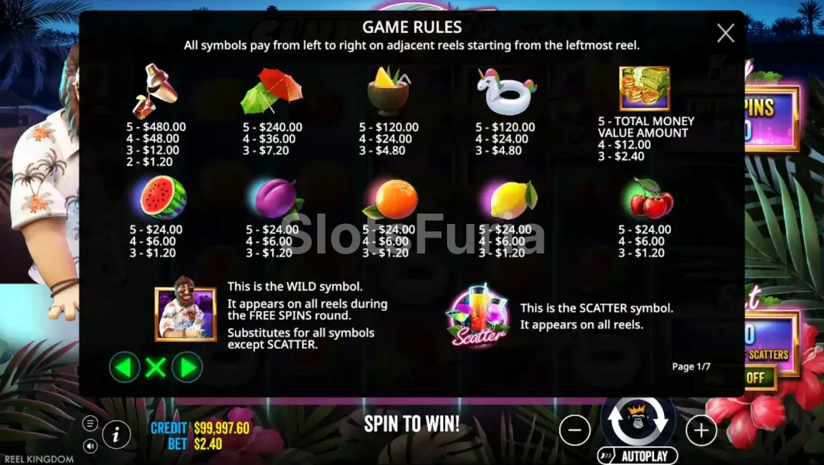 Tabla de pagos de Club Tropicana con símbolos bajos y premium
