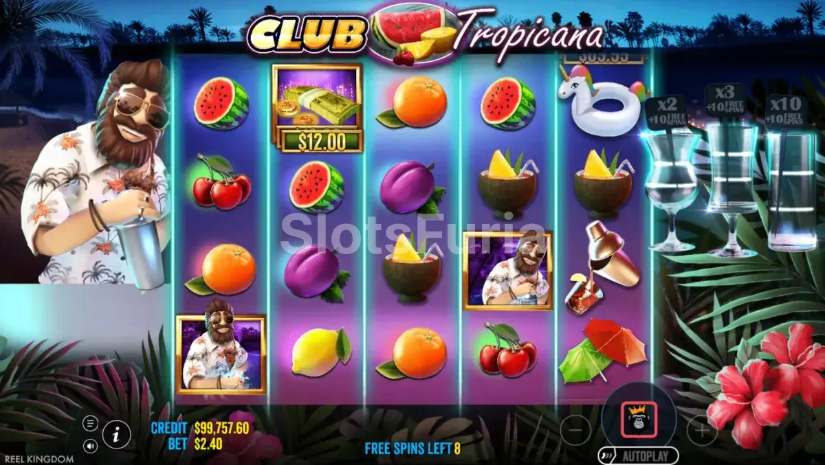 Ronda de giros gratis de Club Tropicana con símbolos de dinero en pantalla