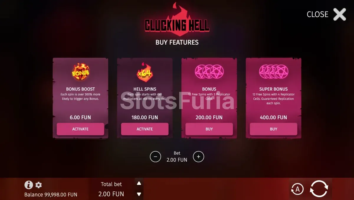 Menú de compra de bonus en Clucking Hell de BGaming