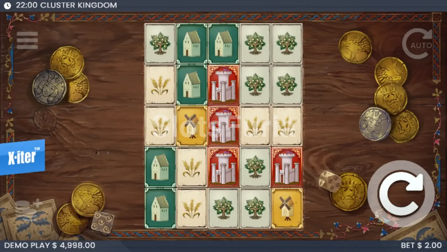 Juego base de Cluster Kingdom con tablero medieval y símbolos de cartas
