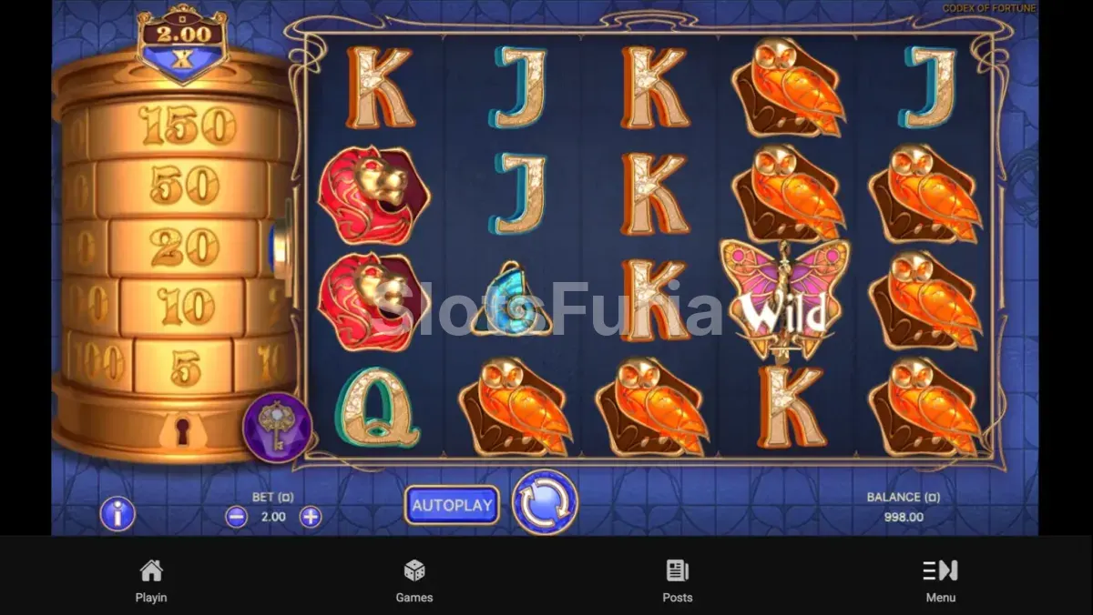 Pantalla principal del juego Codex of Fortune con sus 5 carretes